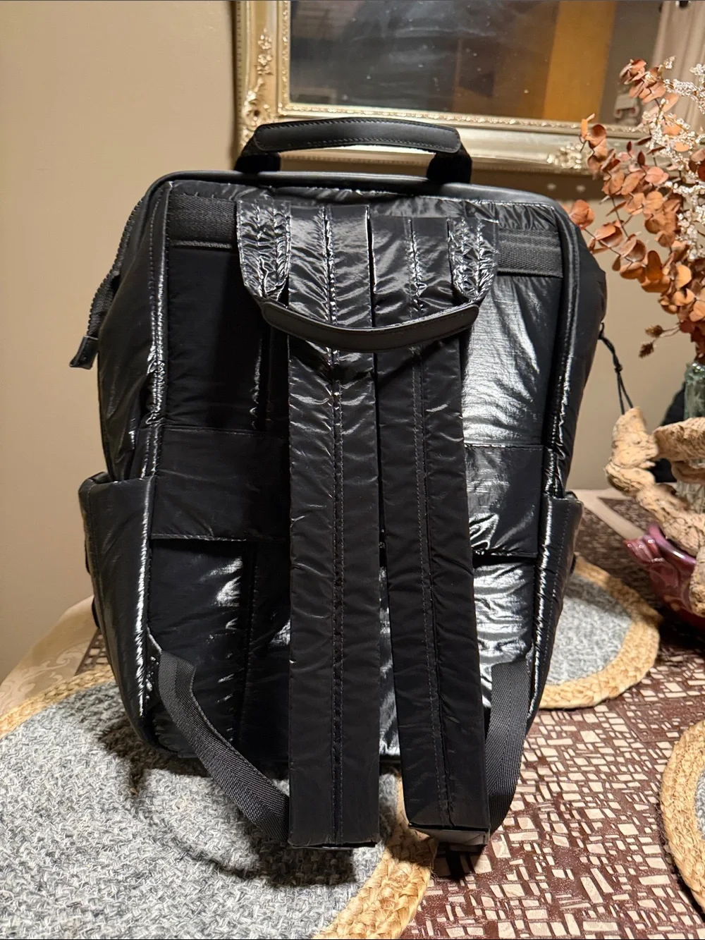 Joan & David Black Quilted Shiny Puffer Backpack Tote